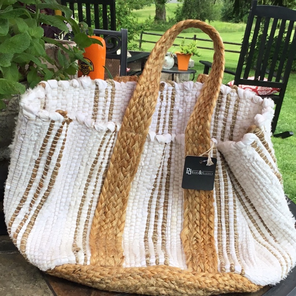Chic White and Tan Woven Tote Bag
